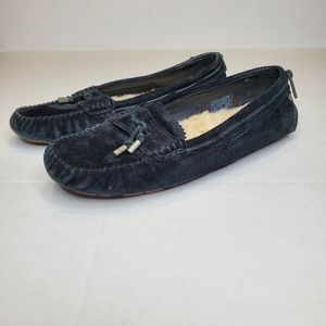 UGG Black Suede Moccasin Flats with Shearling Lining
